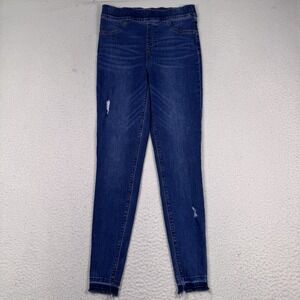 Spanx Pull On Jeans Womens Large Blue Denim Distressed‎ Skinny Ankle Raw Hem